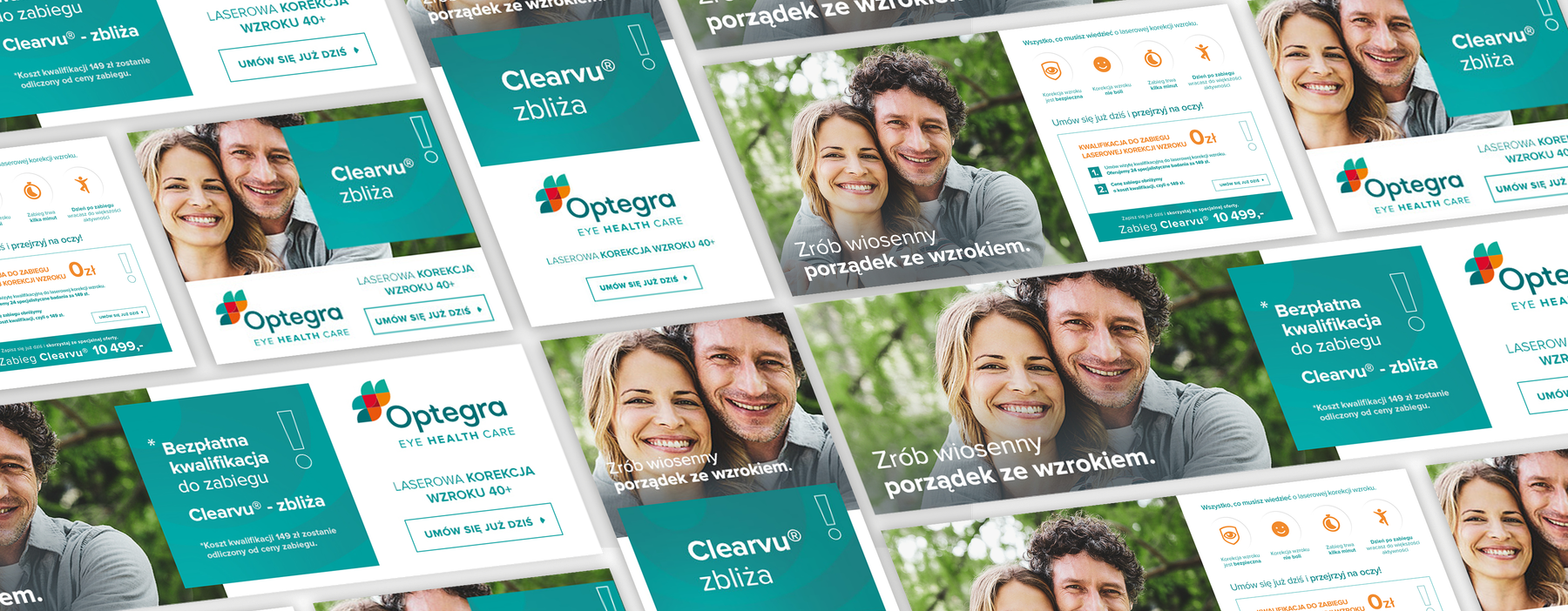 Zestaw banerów kampanii Optegra w różnych formatach, ze spójnym key visualem, brandingiem i CTA.