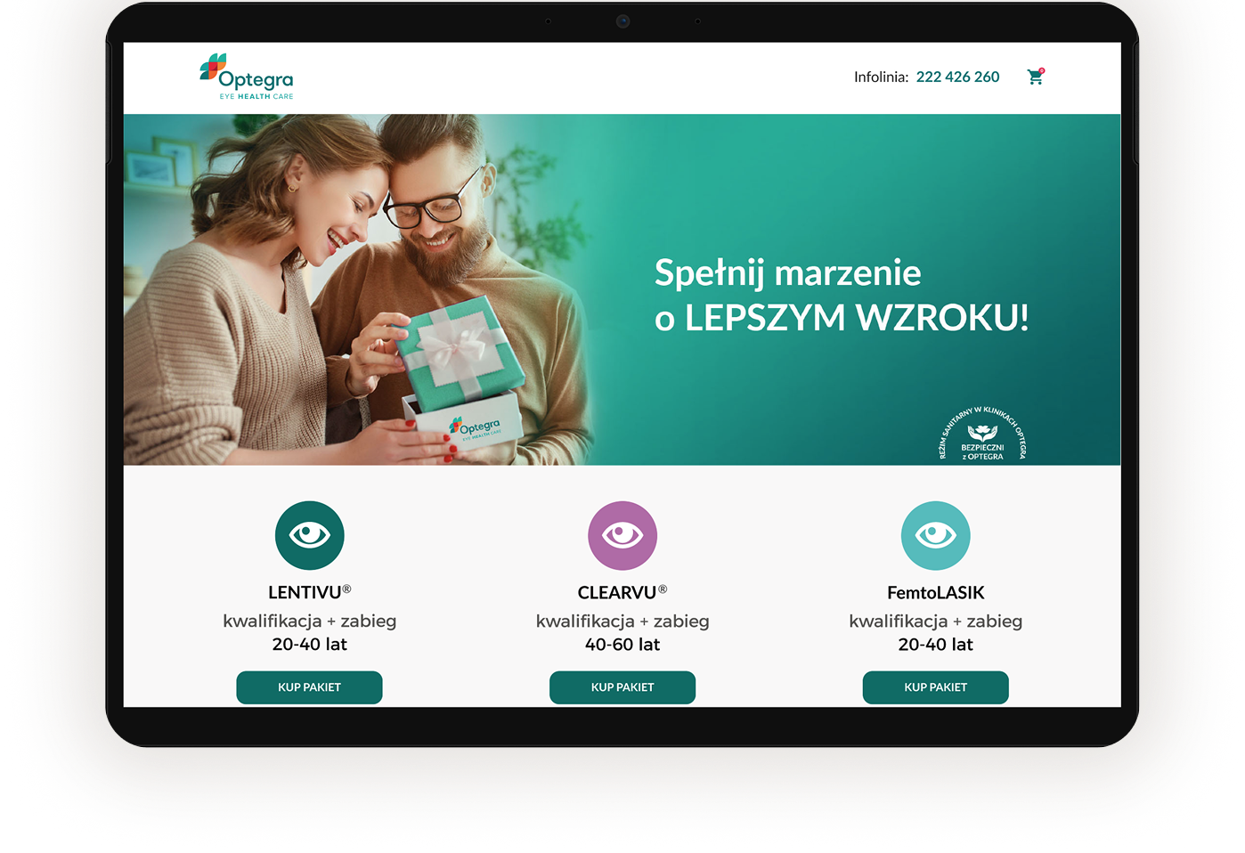 Landing page kampanii Optegra na tablecie, z hasłem „Spełnij marzenie o lepszym wzroku" i pakietami zabiegów.