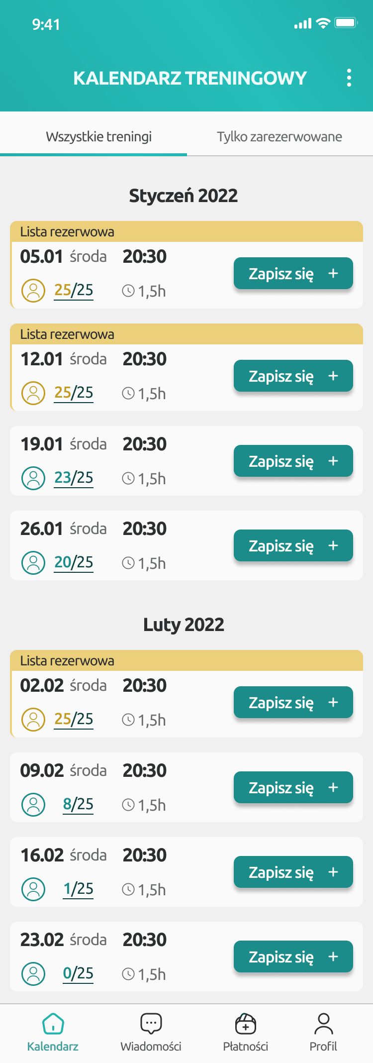 Kalendarz treningów w aplikacji Wiraż